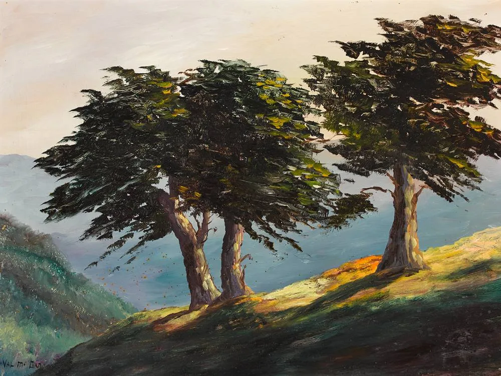 TREES IN A LANDSCAPE by Val McGann, oil on board, offered Dec 2020
