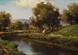 Charles McAuley, CATTLE WATERING WITH MOUNTAINS IN THE DISTANCE