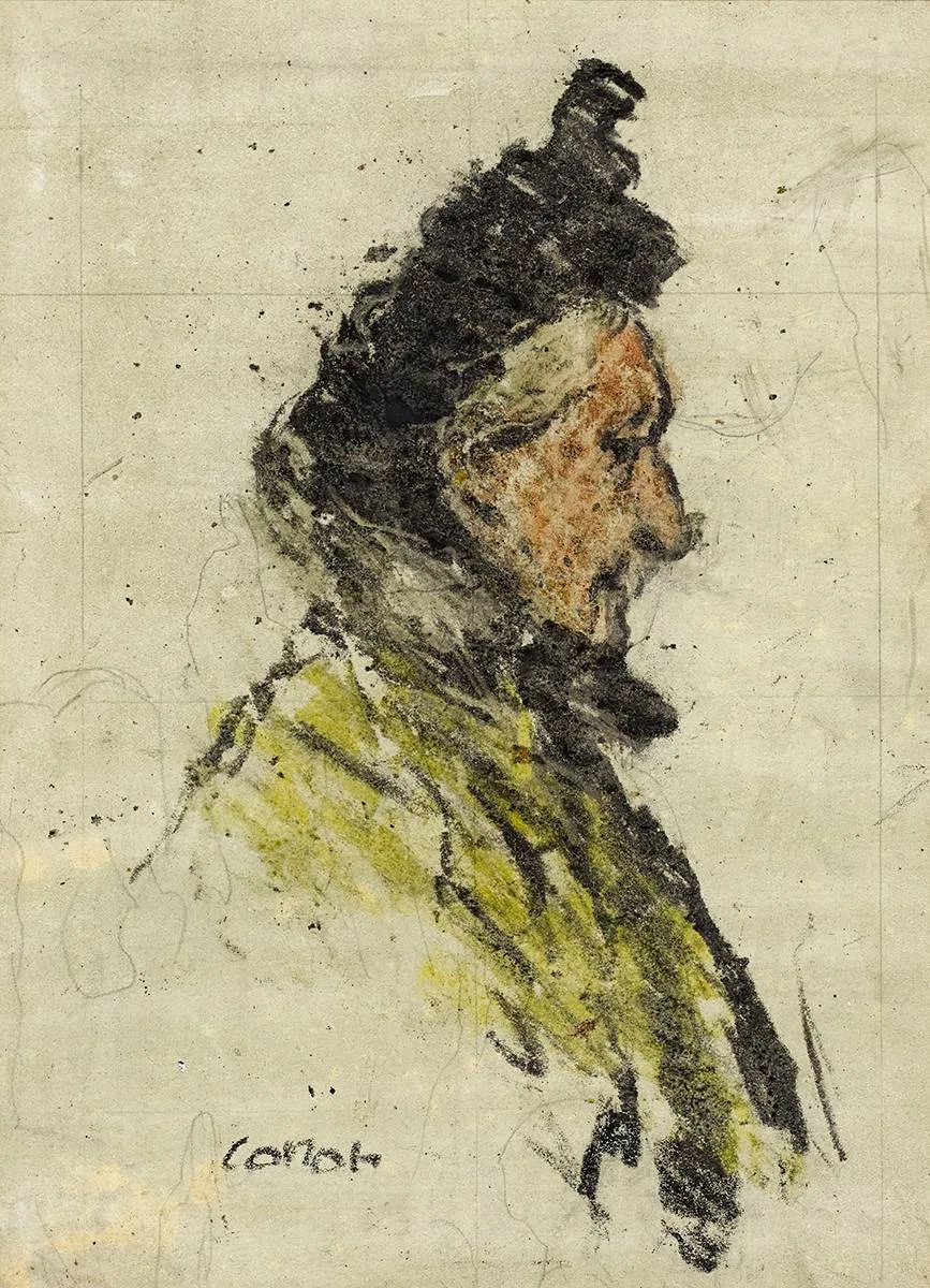 THE DOWAGER by William Conor, crayon on tinted paper; (squared for transfer), sold Dec 2020