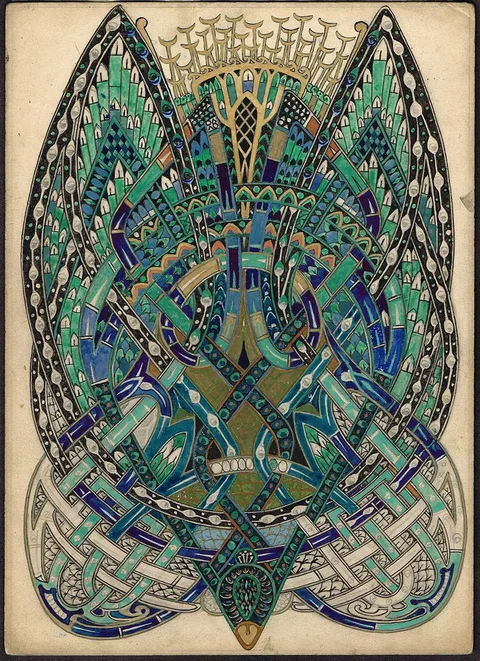 Art O'Murnaghan, THE TAJIDAR - SACRED BIRD, CELTIC DESIGN ILLUSTRATION (c.1940) and SEASCAPE WOODCUT PRINT (1934), ink on card; (1); gouache over pencil on card; (1); woodcut; (1); (all unframed)