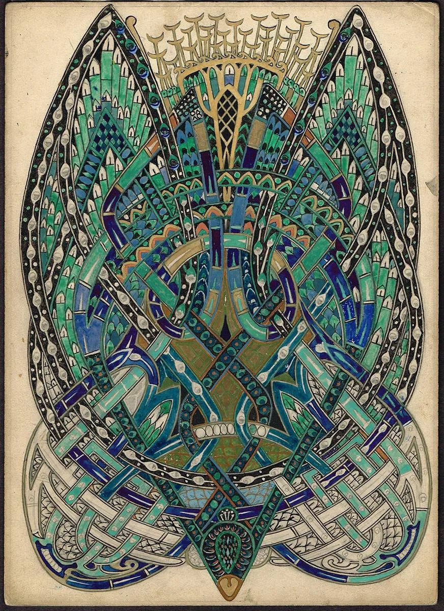 Art O'Murnaghan, THE TAJIDAR - SACRED BIRD, CELTIC DESIGN ILLUSTRATION (c.1940) and SEASCAPE WOODCUT PRINT (1934), ink on card; (1); gouache over pencil on card; (1); woodcut; (1); (all unframed)