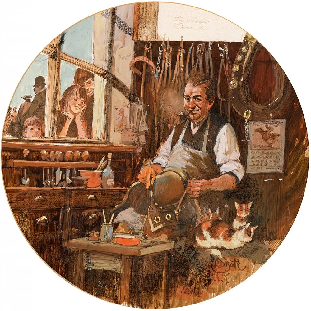 Robert D Beattie, THE SADDLER, LISBURN, 1910, mixed media on board