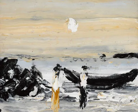 Simon Corballis, ABOUT TO LAUNCH THE CURRACH, 2008, oil on canvas board