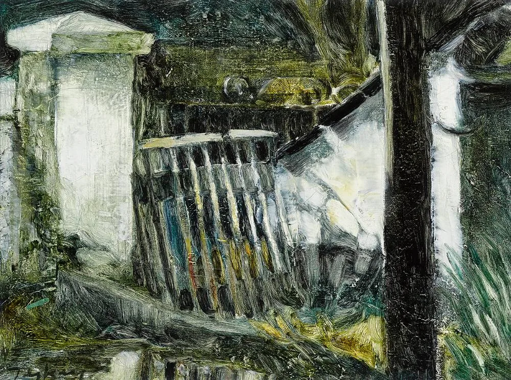BROKEN GATE, NEAR MILLTOWN, DUBLIN by Donald Teskey, oil on canvas laid on board, sold Dec 2020