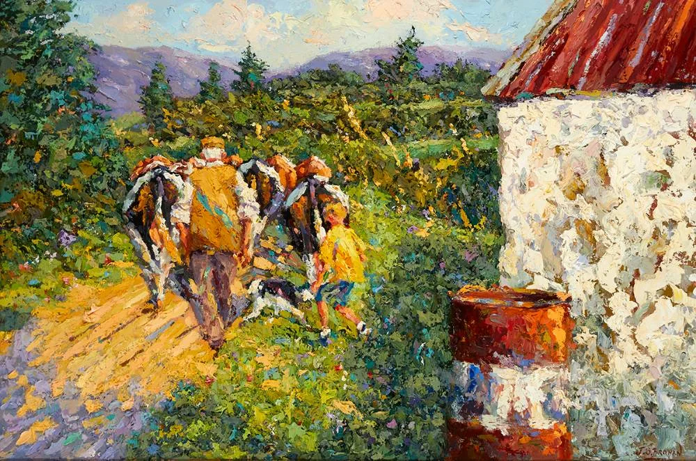 FIGURES WITH CATTLE by James S. Brohan, oil on canvas, sold Dec 2020
