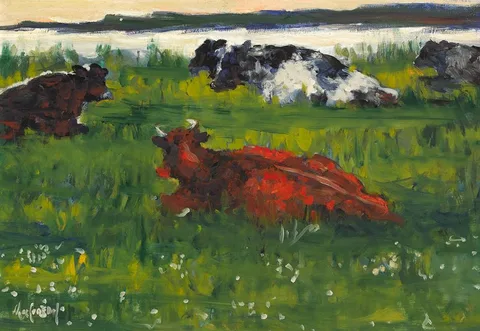 CATTLE AT EVENING, COUNTY KERRY by Maurice MacGonigal, oil on panel, sold Dec 2020