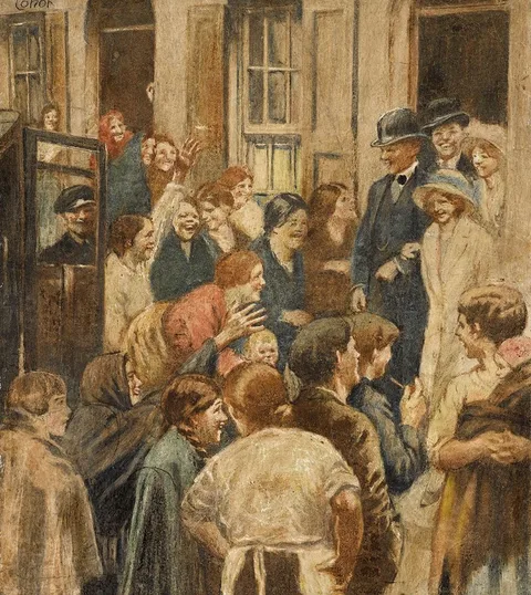 WEDDING AT JOY STREET, BELFAST by William Conor, c. 1923, pastel, sold Dec 2020