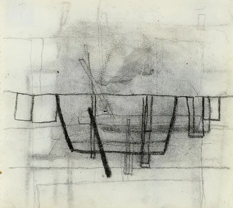 STILL LIFE WITH PAN AND GLASSES by William Scott, c. 1953, charcoal and wash on paper, offered Dec 2020