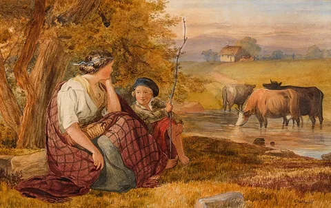 Richard Rothwell, MOTHER AND CHILD IN LANDSCAPE, watercolour