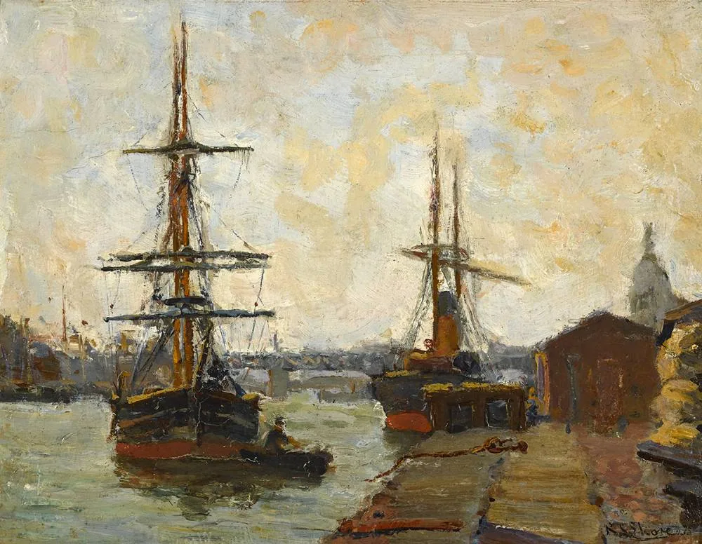 Robert S. Shore, VESSELS ON THE RIVER LIFFEY, DUBLIN, oil on board