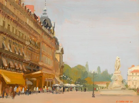 PLACE DE LA COMÉDIE, MONTPELLIER, FRANCE by Niccolo d'Ardia Caracciolo, 1980, oil on board, sold Dec 2020