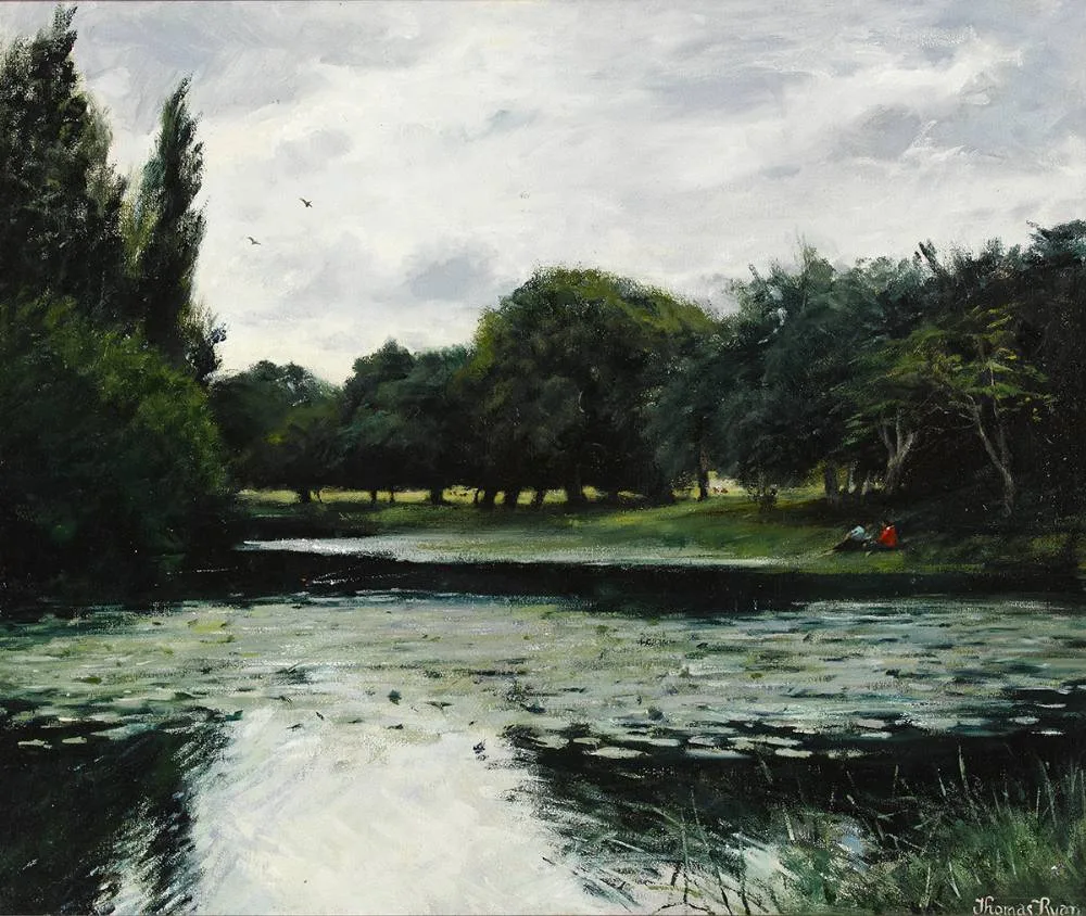LAKE IN THE PHOENIX PARK, DUBLIN by Thomas Ryan, 1970, oil on board, sold Dec 2020