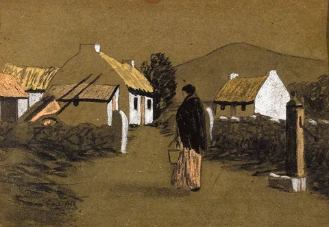 Ciaran Clear, WEST OF IRELAND SCENE WITH WOMAN AND WATER PUMP, 1957, gouache and pencil on tinted paper
