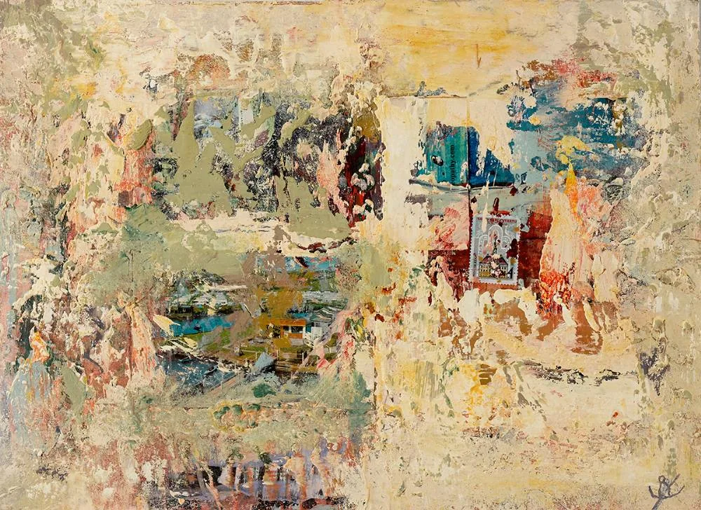 AS YOU LIKE IT by John Kingerlee, 2019, oil on paper with collage, sold Oct 2020