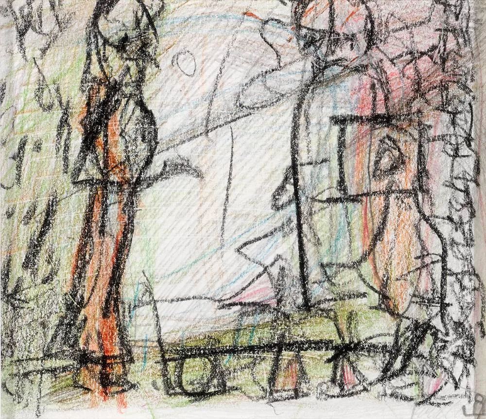 UNTITLED [TWO FIGURES] by John Kingerlee, coloured pencil, offered Oct 2020