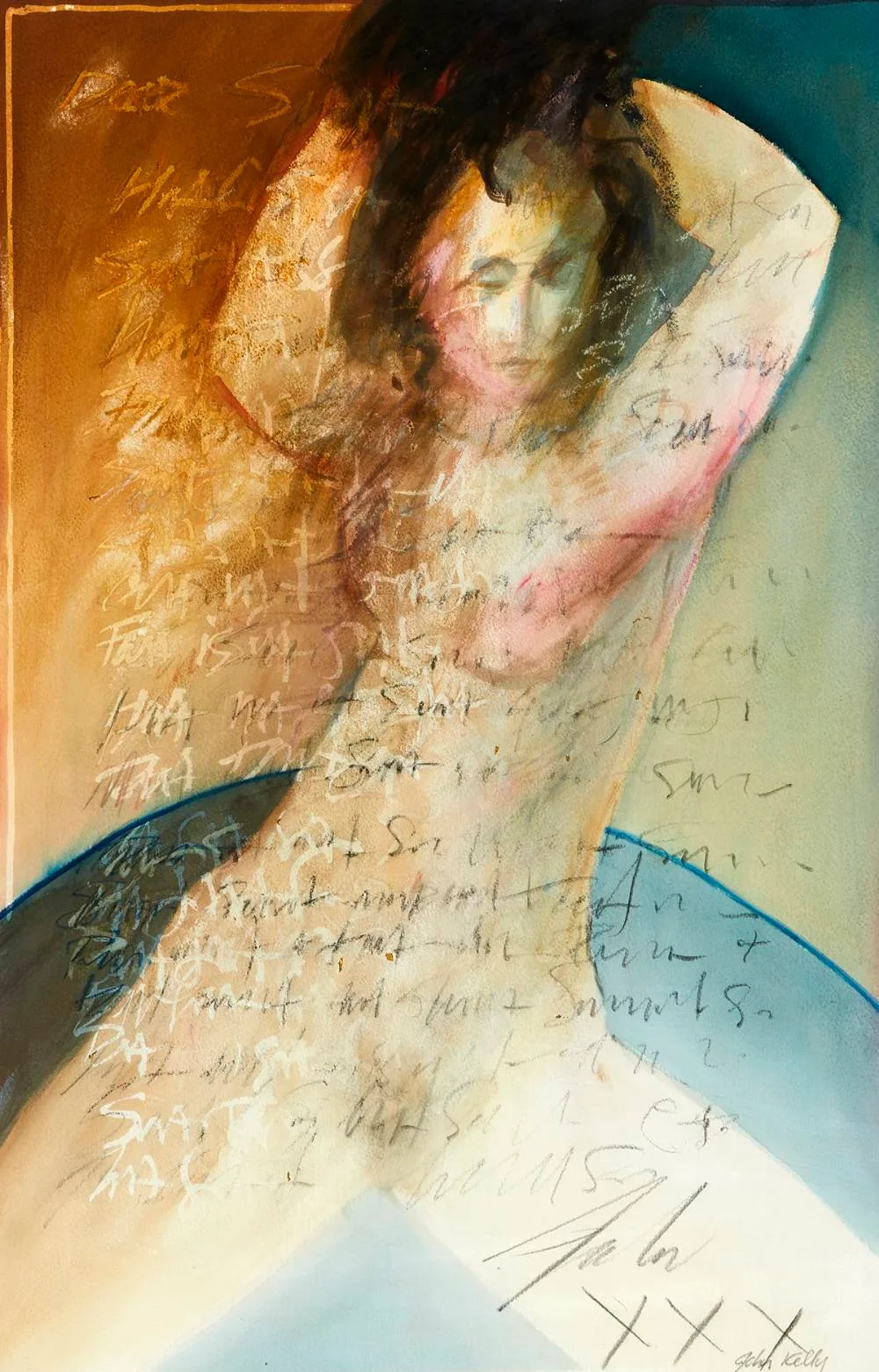FIGURE WITH LETTER by John Kelly, c.1999, watercolour, offered Oct 2020
