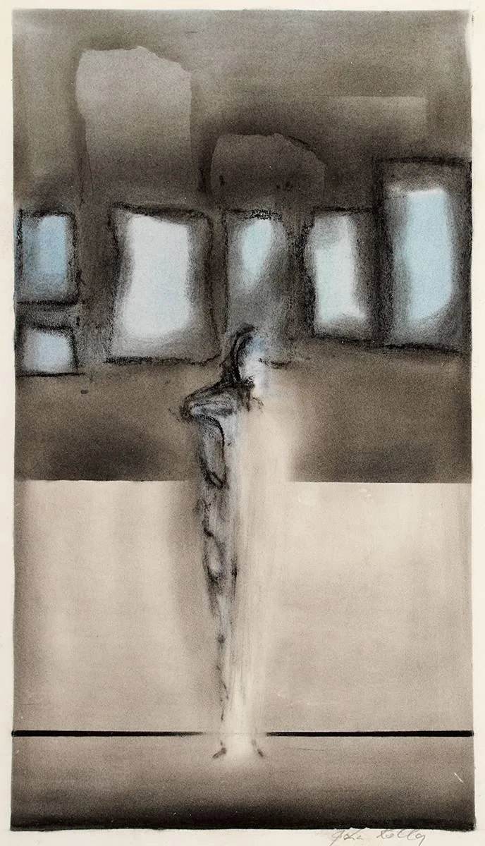 FIGURE WITH BLUE by John Kelly, charcoal and watercolour, sold Oct 2020