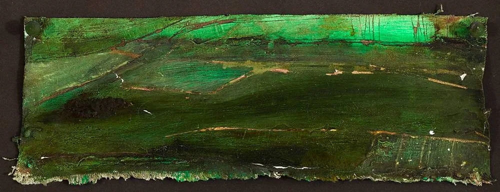 SUMMER TURF by Mary Donnelly, oil on unstretched canvas with collage element, sold Oct 2020