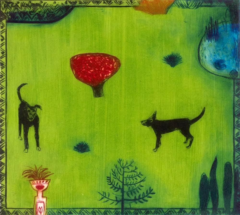 Carmel Benson, DOGS IN A GARDEN, carborundum; drypoint; (no. 33 from an edition of 50)