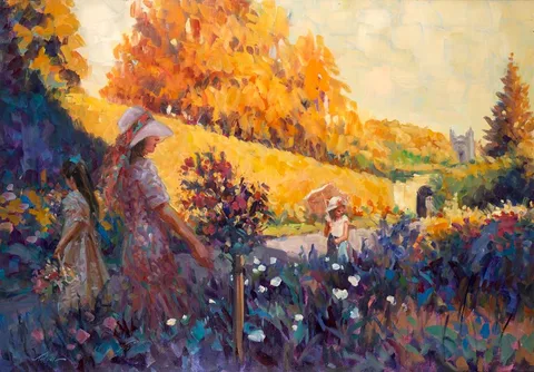 Norman Teeling, FIGURES IN A GARDEN LANDSCAPE, oil on board