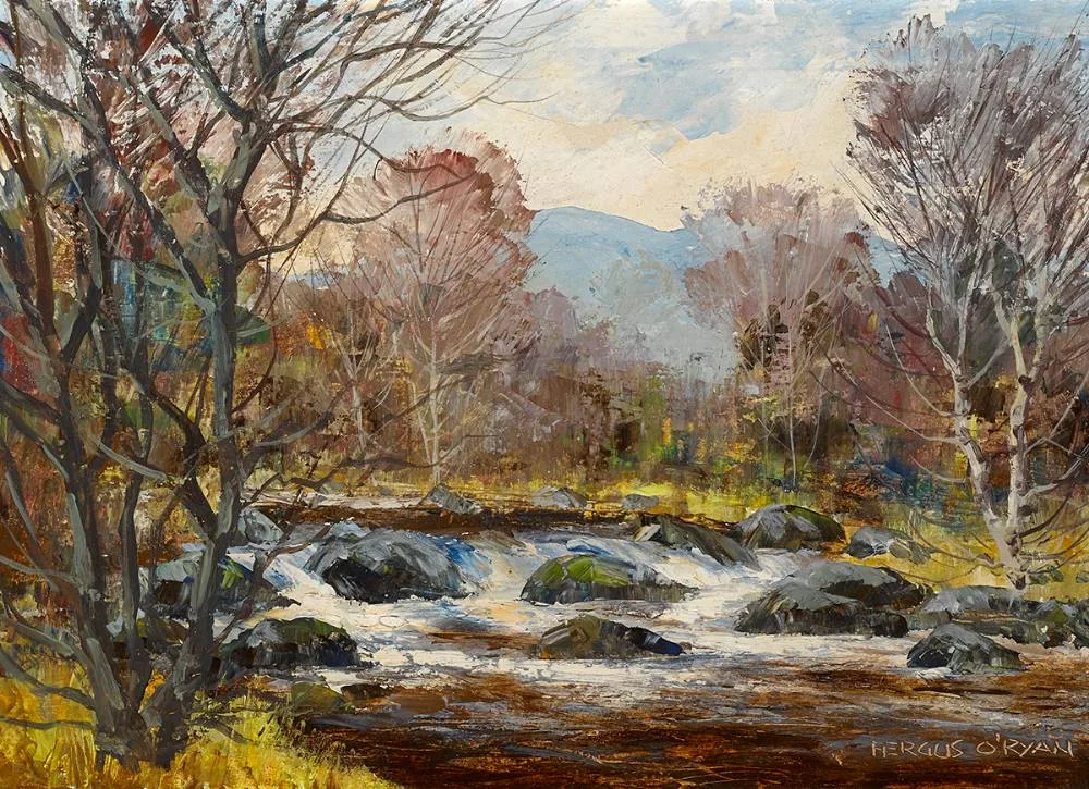 WINTER RIVER by Fergus O'Ryan, oil on board, sold Oct 2020