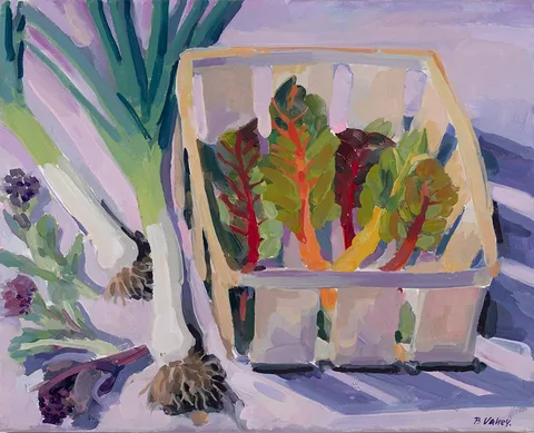 Brian Vahey, STILL LIFE WITH LEEKS, BROCCOLI AND SPINACH, oil on canvas