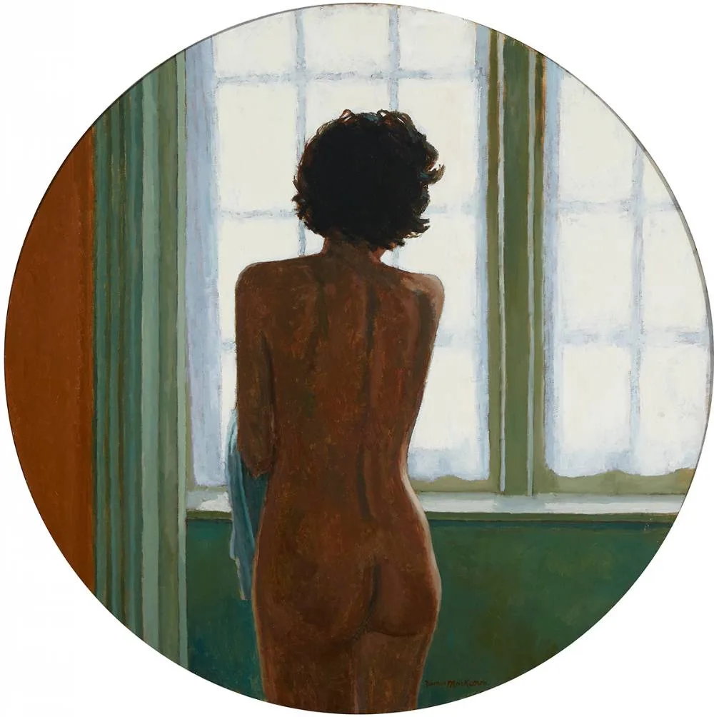 NUDE BY A WINDOW by James MacKeown, oil on canvas; (oval), sold Oct 2020