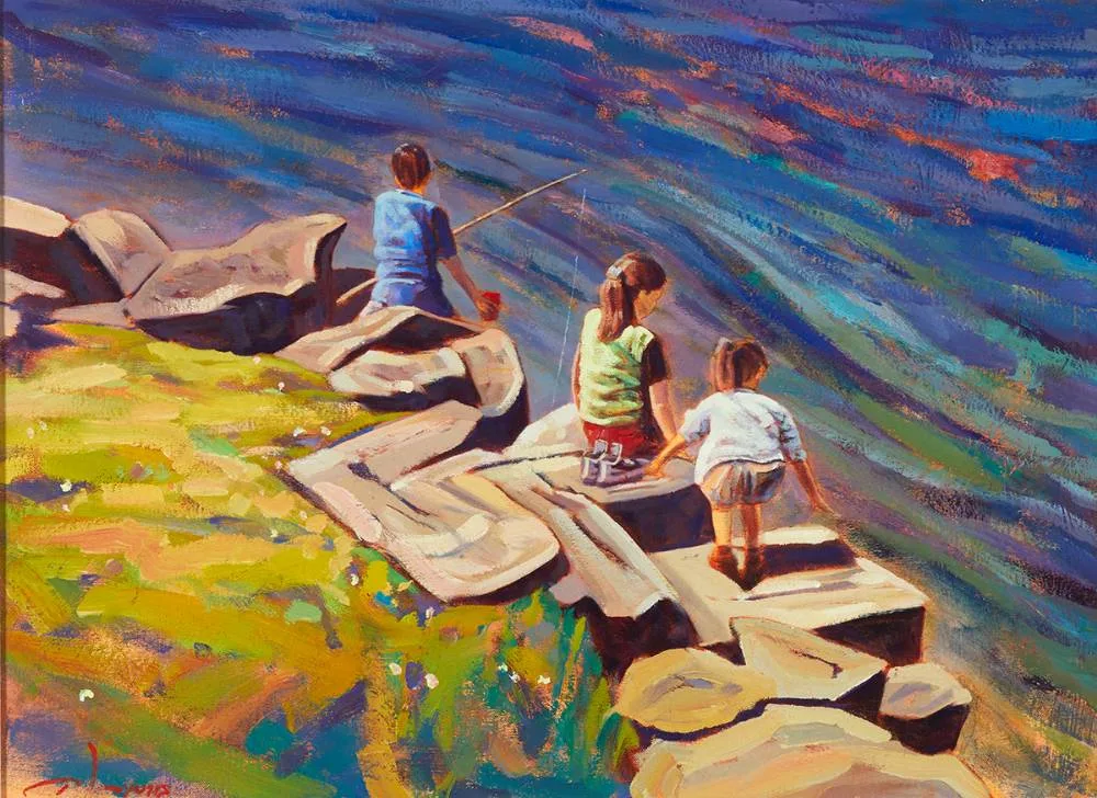 Philip Lyons, FISHING OFF THE ROCKS, CONNEMARA, COUNTY GALWAY, oil on board