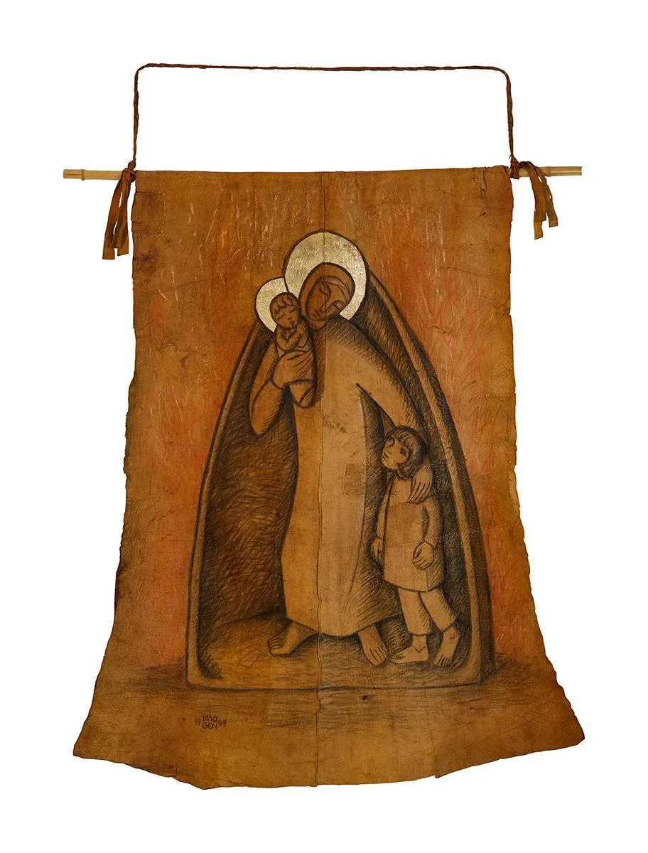 Imogen Stuart, MADONNA, JESUS AND HUMAN CHILD, 1999, charcoal and gold leaf on barkcloth; (unique)