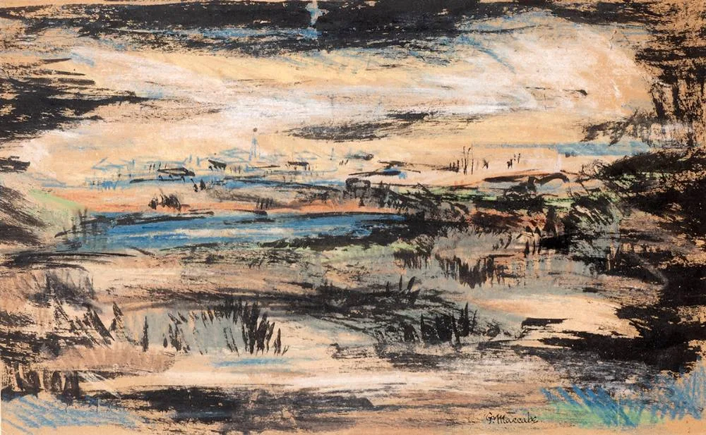 DISTANT CITY by Gladys Maccabe, c.1964, gouache and pastel on tinted paper, sold Oct 2020