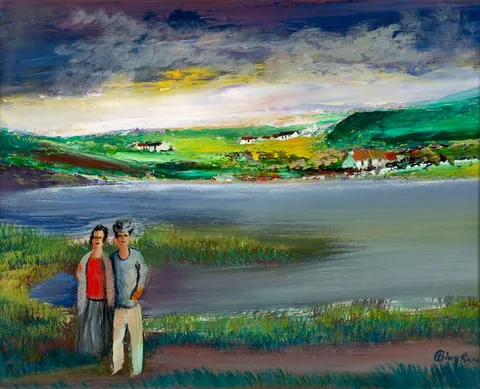 James Bingham, LOVERS IN A LANDSCAPE, oil on board