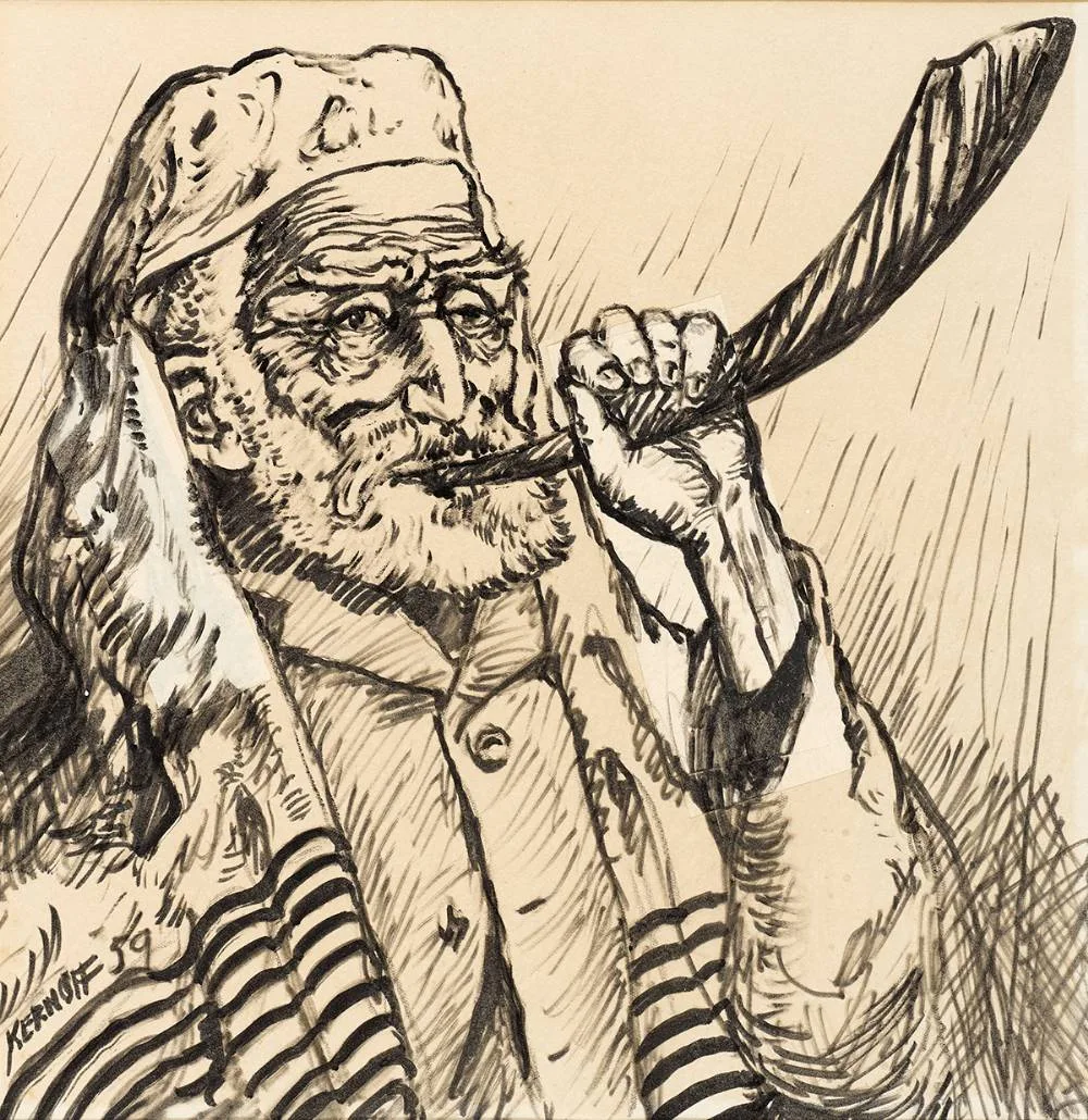 THE RABBI by Harry Kernoff, 1959, charcoal and ink with collage element, sold Oct 2020