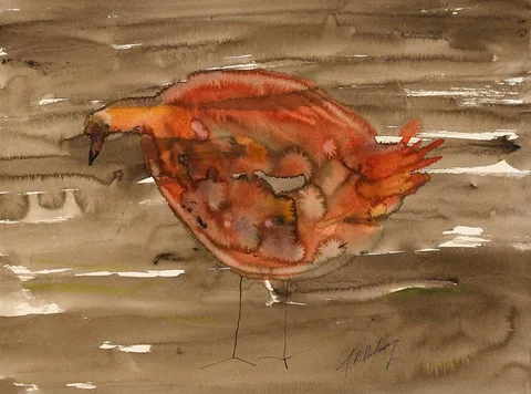 J.P. Donleavy, BIRD OBSERVING THERE IS NOTHING THERE, ink and watercolour