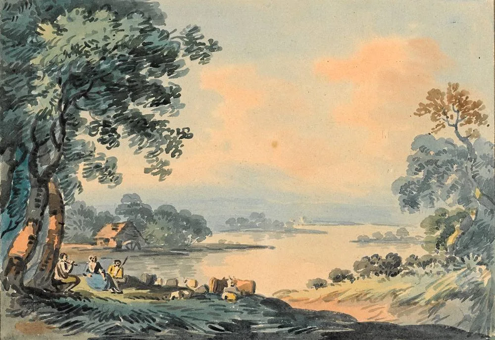 FIGURES BY A LAKE by John Henry Campbell, watercolour, offered Oct 2020