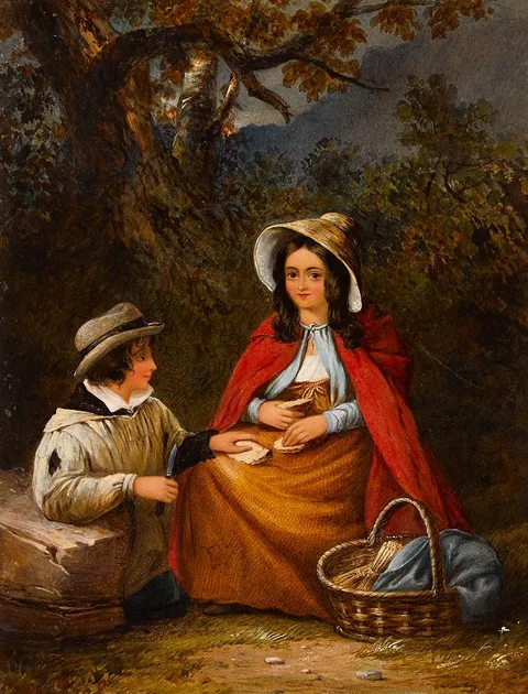 Samuel McCloy, COUPLE ON A ROADSIDE, watercolour and gouache heightened with white