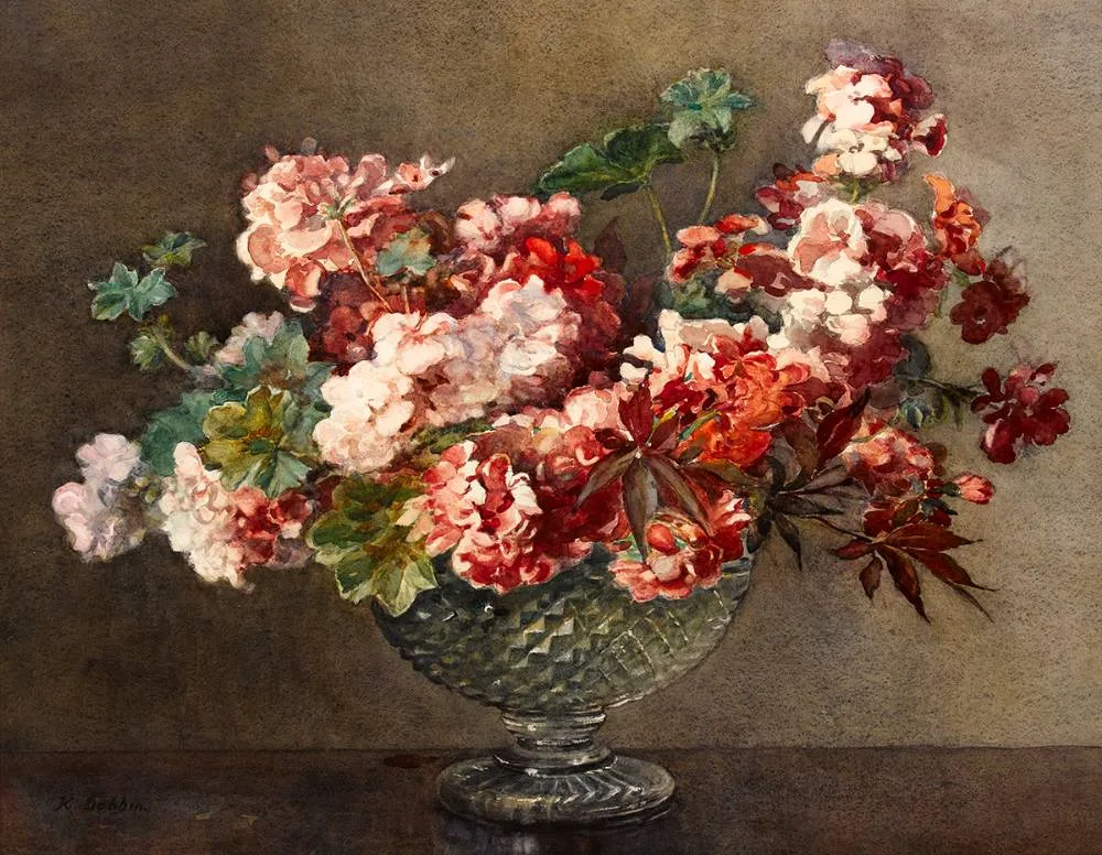 GERANIUMS by Lady Kate Dobbin, watercolour, sold Oct 2020