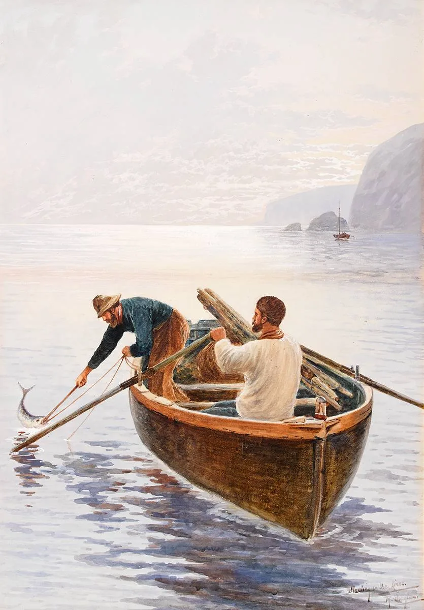 R. Douglas, HAULING IN THE LINES, watercolour heightened with white