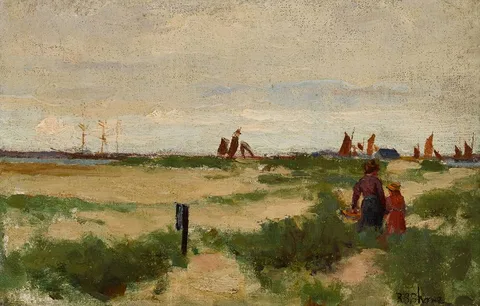 Robert S. Shore, FIGURES BY THE COASTLINE, oil on board
