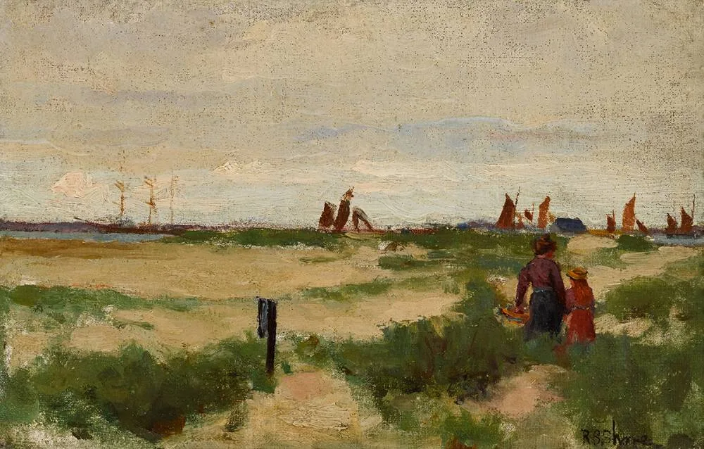 FIGURES BY THE COASTLINE by Robert S. Shore, oil on board, sold Oct 2020