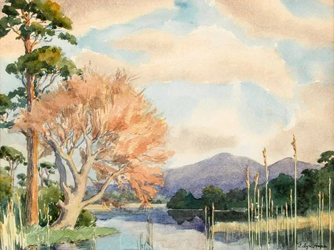 E. Lyn Hope, LANDSCAPE WITH REEDS AND WATER AND MOUNTAINS IN THE DISTANCE, watercolour