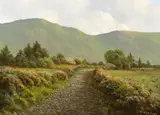 Gerry Marjoram, COUNTRY PATH WITH COTTAGE AND MOUNTAINS IN THE DISTANCE