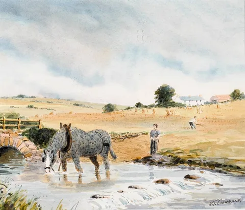 Robert Cochrane, HORSE WATERING AT A RIVER and COTTAGES IN A LANDSCAPE (A PAIR), watercolour; (2)