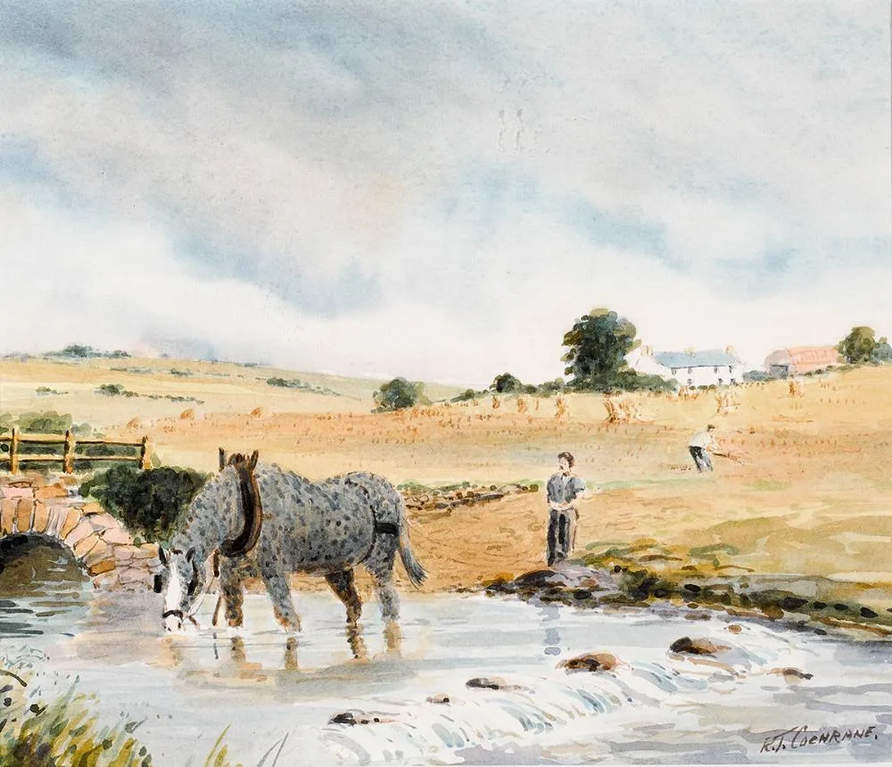 Robert Cochrane, HORSE WATERING AT A RIVER and COTTAGES IN A LANDSCAPE (A PAIR), watercolour; (2)