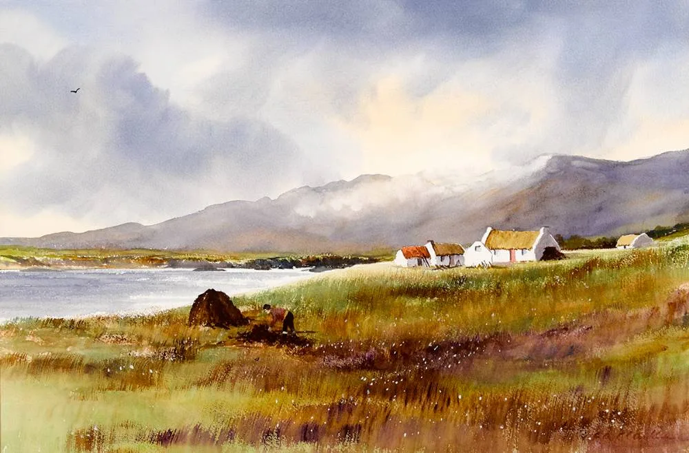 Frank Clarke, FIGURE GATHERING TURF BY A LAKE, watercolour
