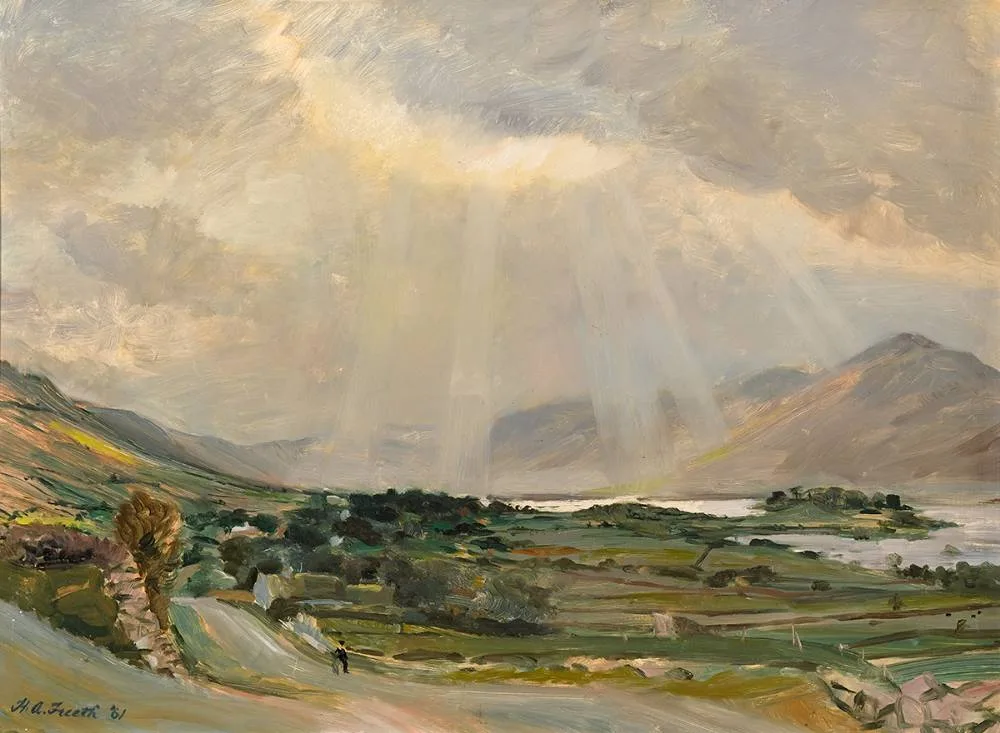 Andrew Freeth, LANDSCAPE WITH SUN BREAKING THROUGH CLOUDS, 1961, oil on board