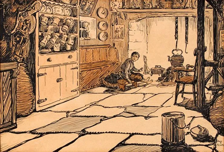 BY THE FIRE by Jack Butler Yeats, ink and watercolour, sold Oct 2020