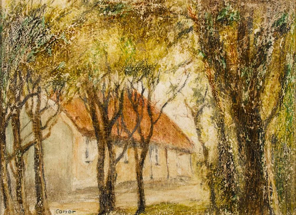 THATCHED COTTAGE, DUNDRUM, COUNTY DOWN by William Conor, 1938, oil pastel over watercolour on card, sold Oct 2020