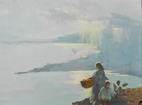 Eileen Murray, WOMAN AND CHILD BY THE SEA SHORE, oil on board