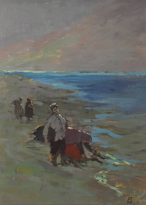Eileen Murray, GATHERING KELP ON A SEA SHORE, ACHILL, 1950s, oil on canvas laid on board