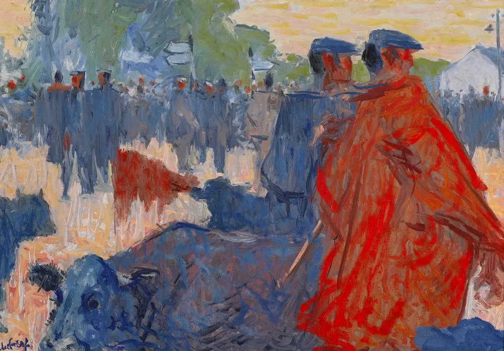 Maurice MacGonigal, RED COATED MAN, CONNEMARA, oil on board